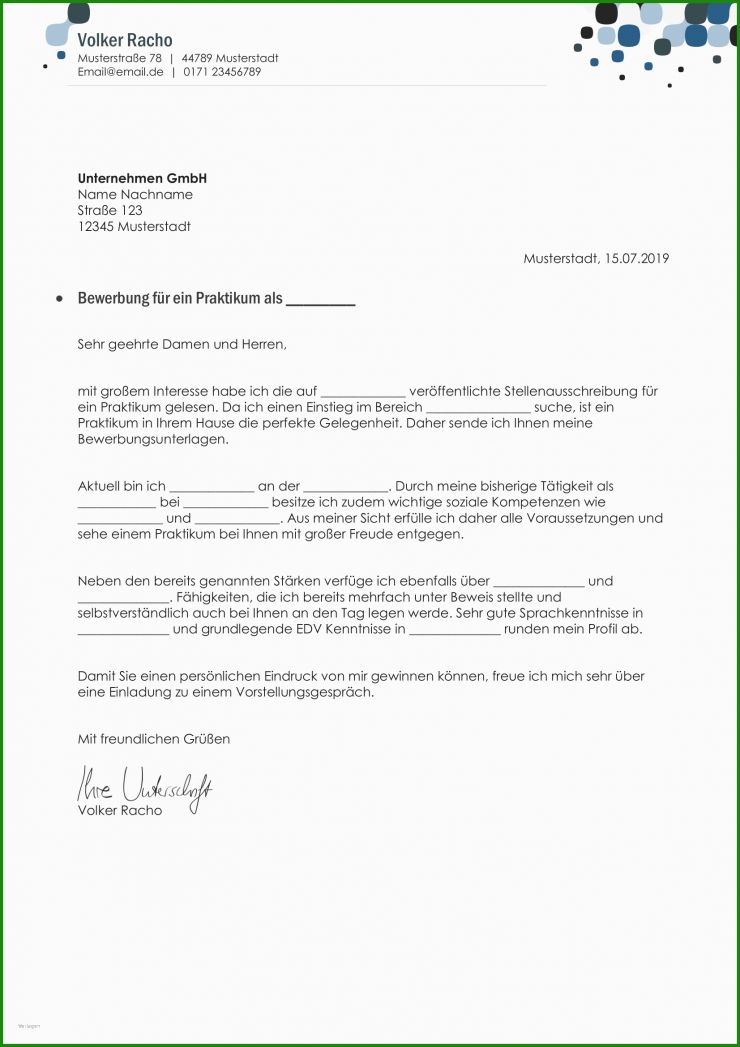 Anschreiben Vorlage Praktikum