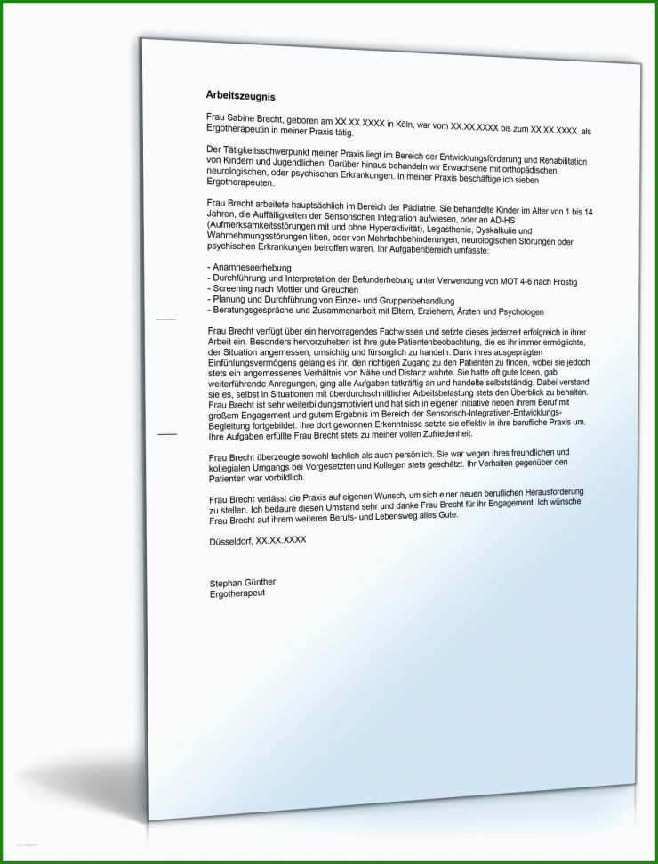 Arbeitszeugnis Ergotherapeut Vorlage