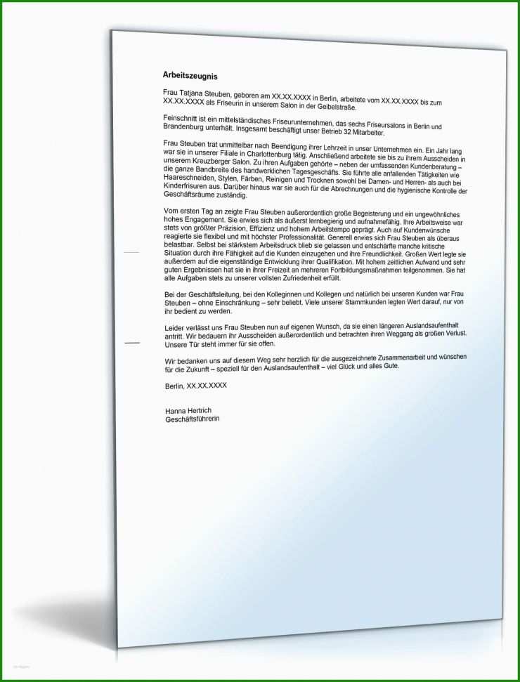 Arbeitszeugnis Note 1 Vorlage