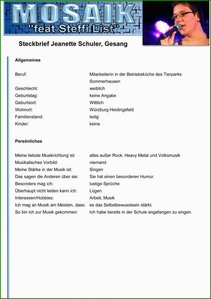 Band Steckbrief Vorlage