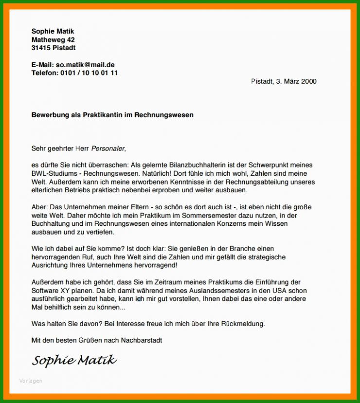 Bewerbung Für Ein Praktikum Vorlage