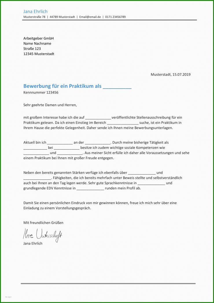 Bewerbungsschreiben Für Ein Praktikum Vorlage