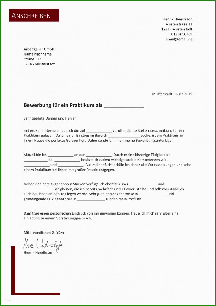 Bewerbungsschreiben Vorlage Für Praktikum