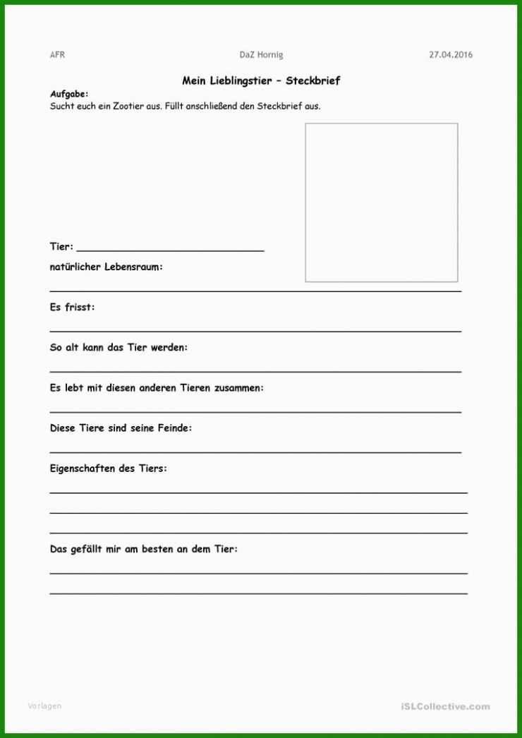 Englisch Steckbrief Vorlage