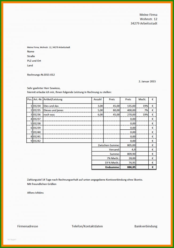 Excel Rechnung Vorlage