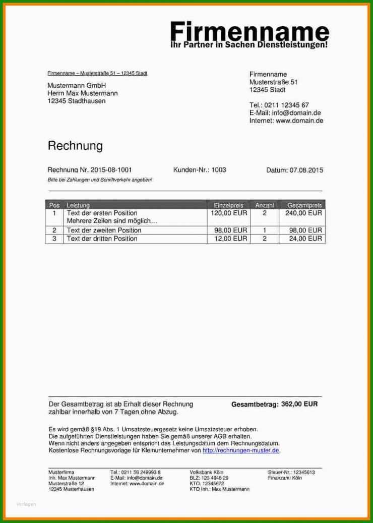 Formlose Rechnung Vorlage
