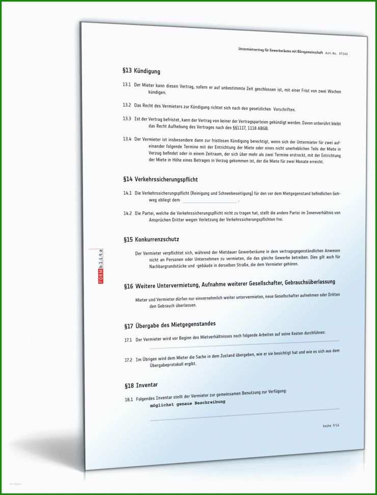 Gewerblicher Untermietvertrag Vorlage