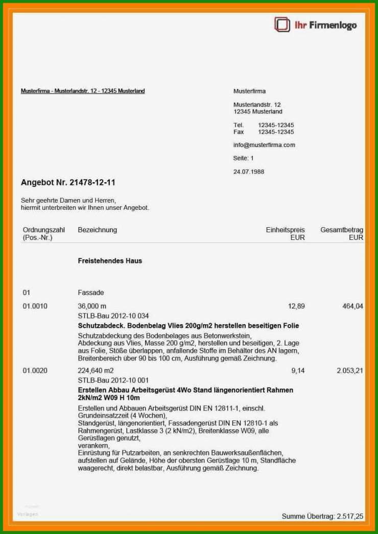 Handwerker Angebot Muster Kostenlos
