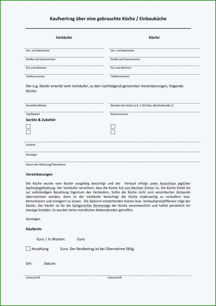 Kaufvertrag Küche Privat Vorlage
