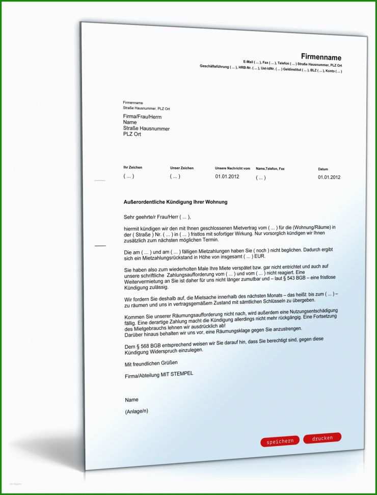 Kündigung Mietvertrag Vorlage Fristlos