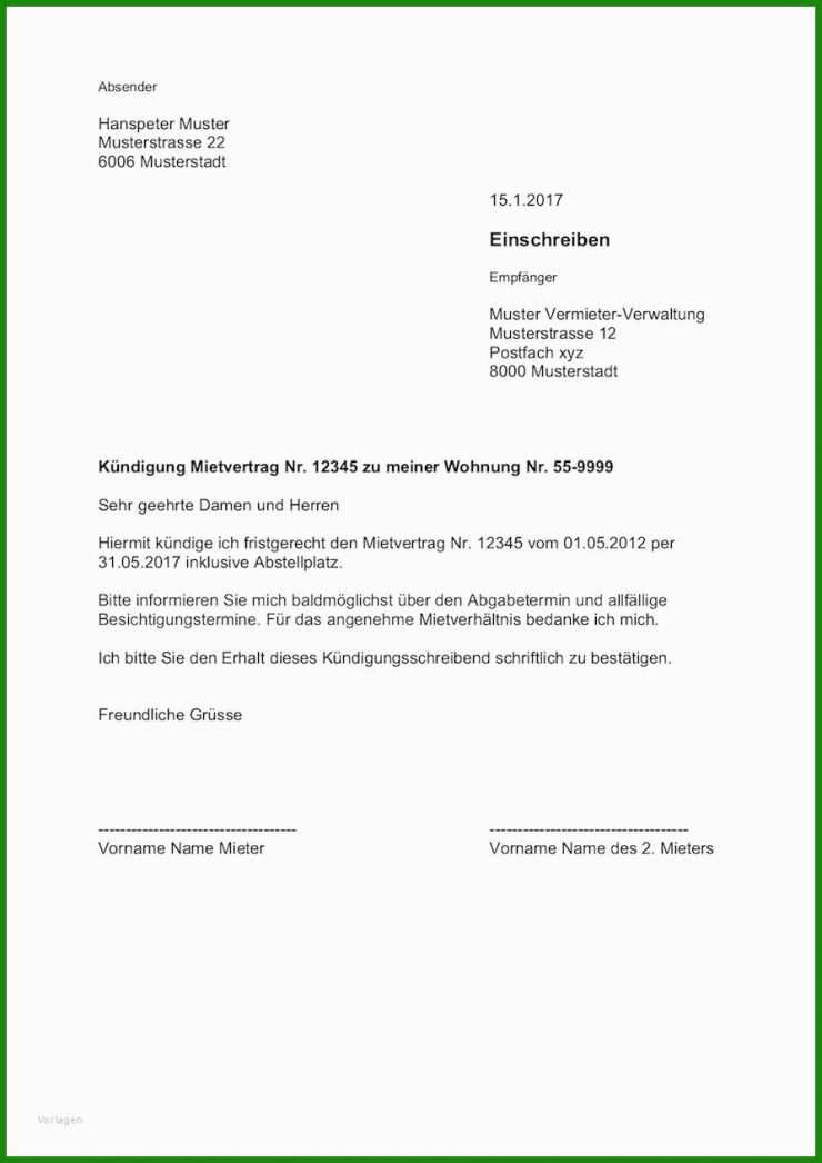 Mietvertrag Vorlage Kündigung