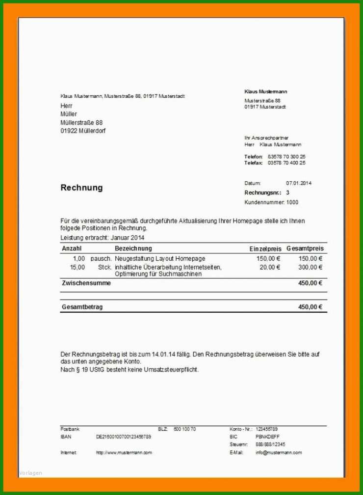 Muster Rechnung Kleinunternehmer (§19 Ustg)