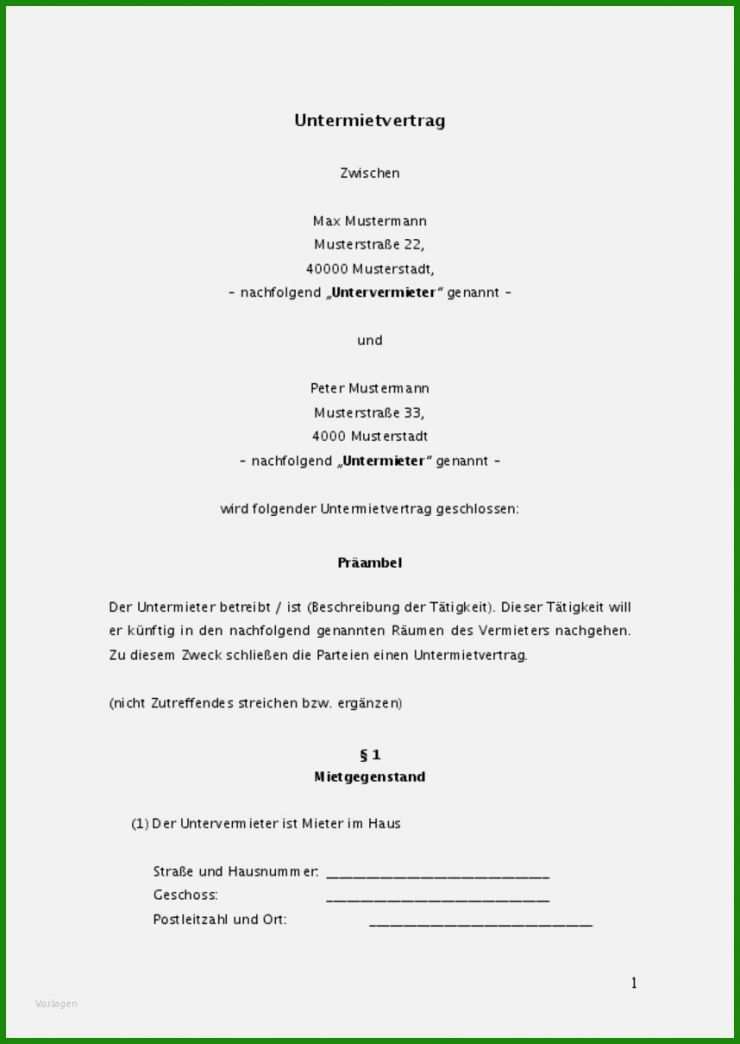 Muster Untermietvertrag Kurz