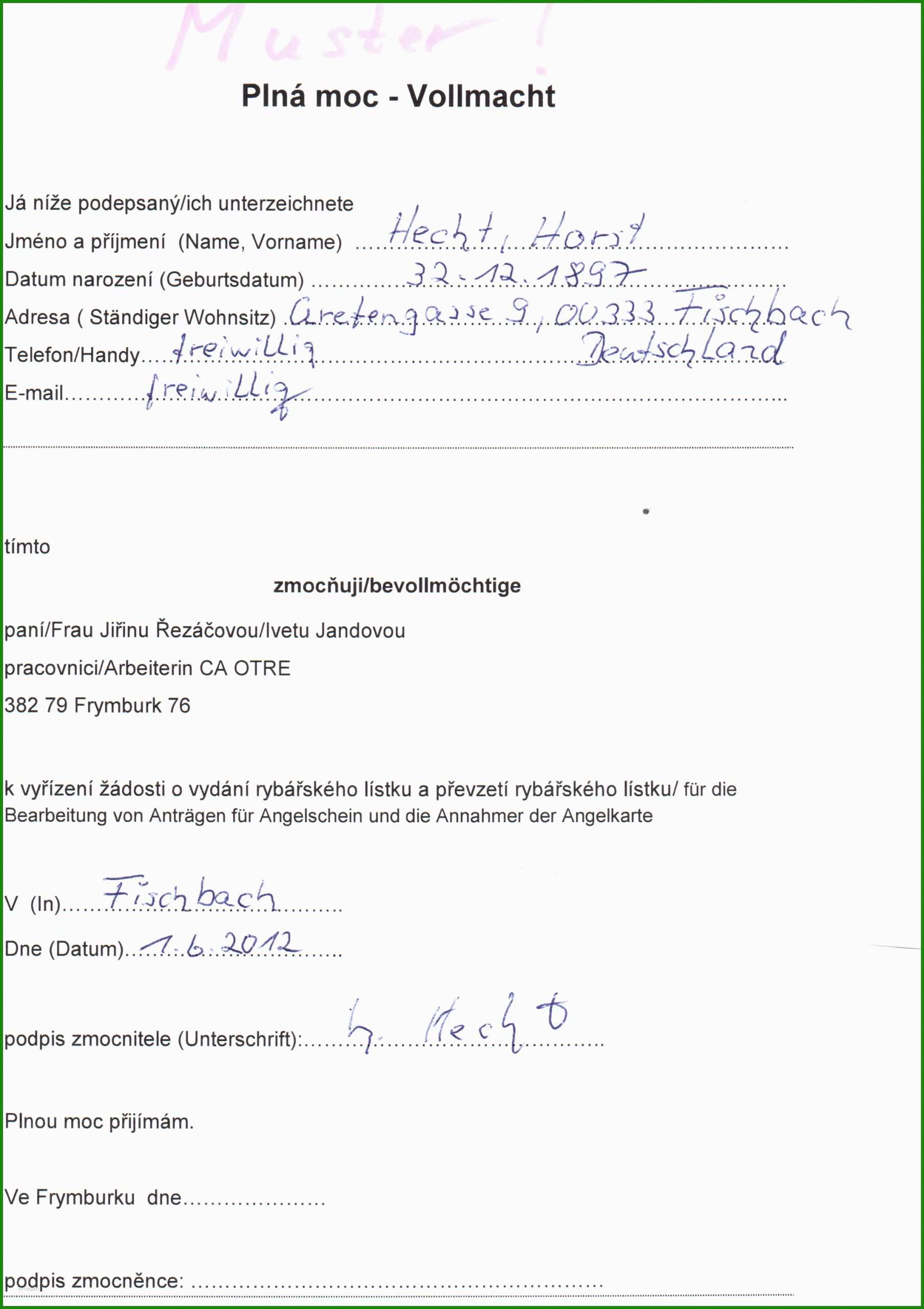 Muster Vollmacht Schreiben