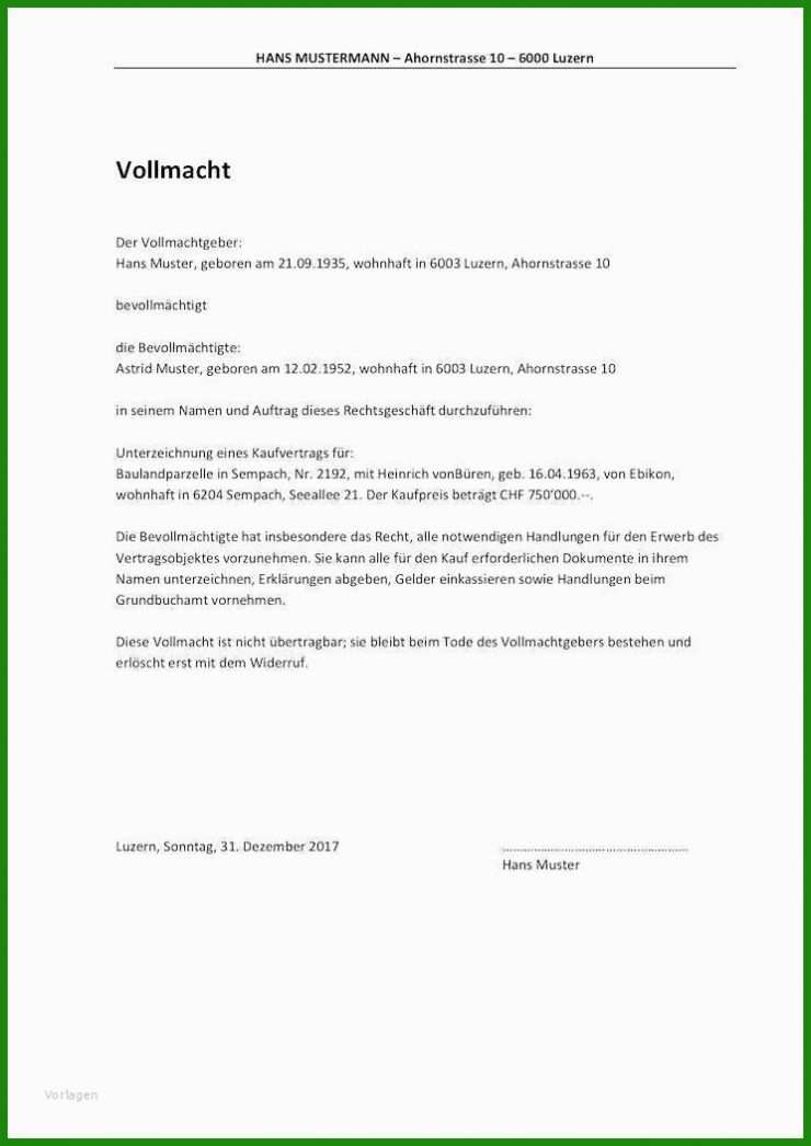 Muster Vollmacht Schweiz
