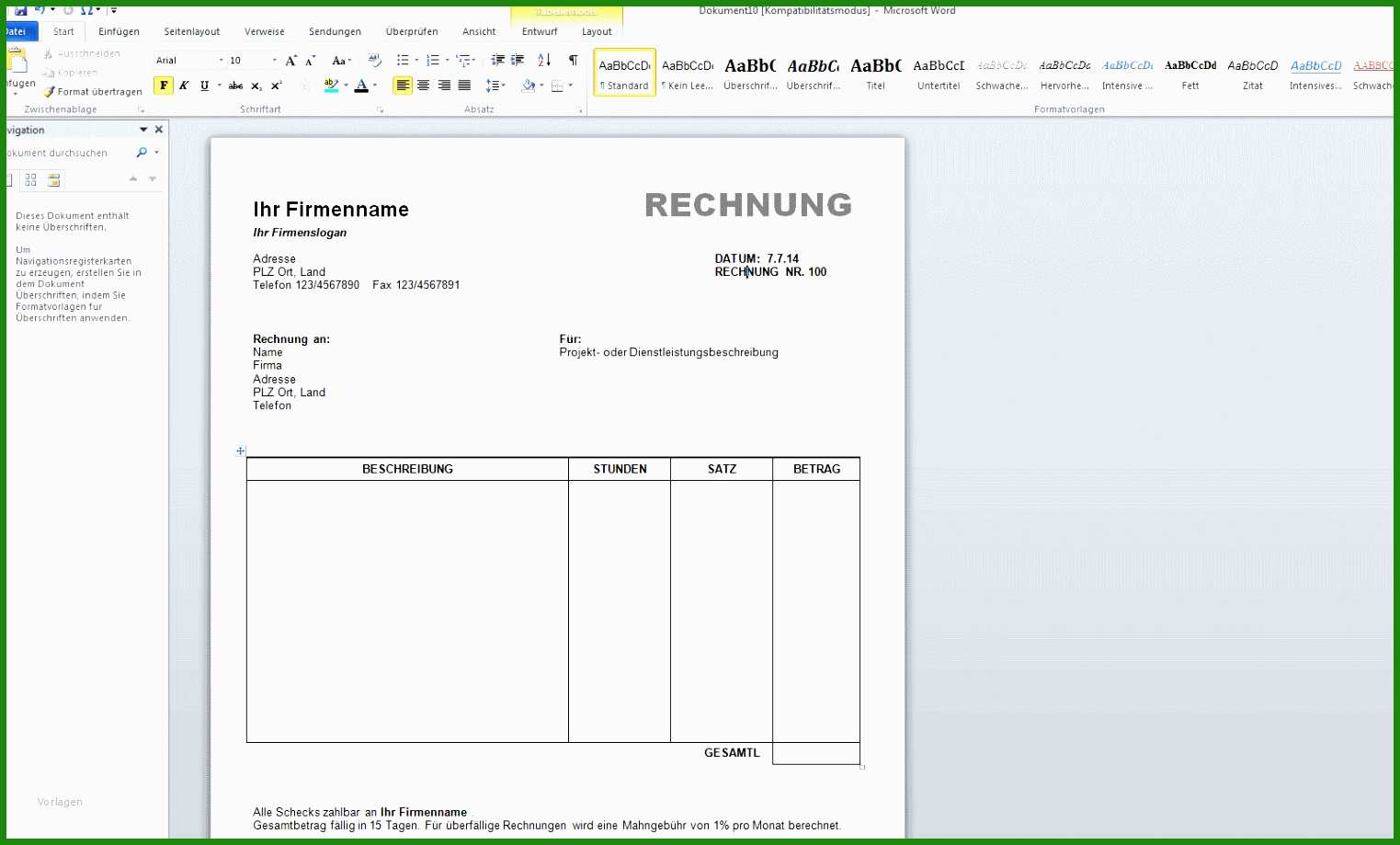 Muster Vorlage Rechnung Word - Kostenlose Vorlagen Zum Download