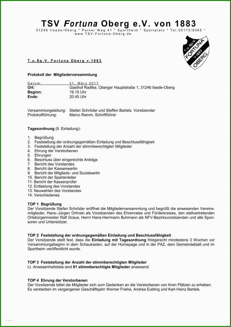 Protokoll Jahreshauptversammlung Vorlage