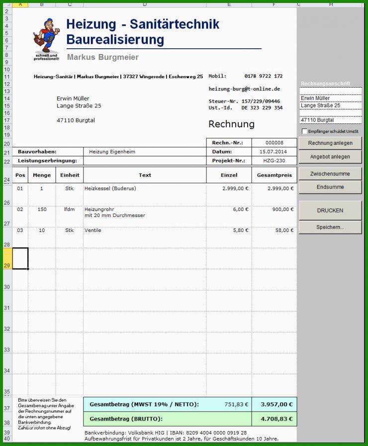 Rechnung Excel Vorlage