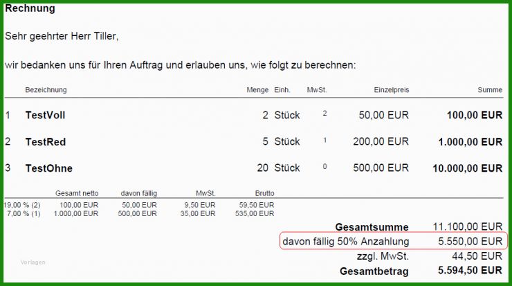 Rechnung Mit Anzahlung Muster