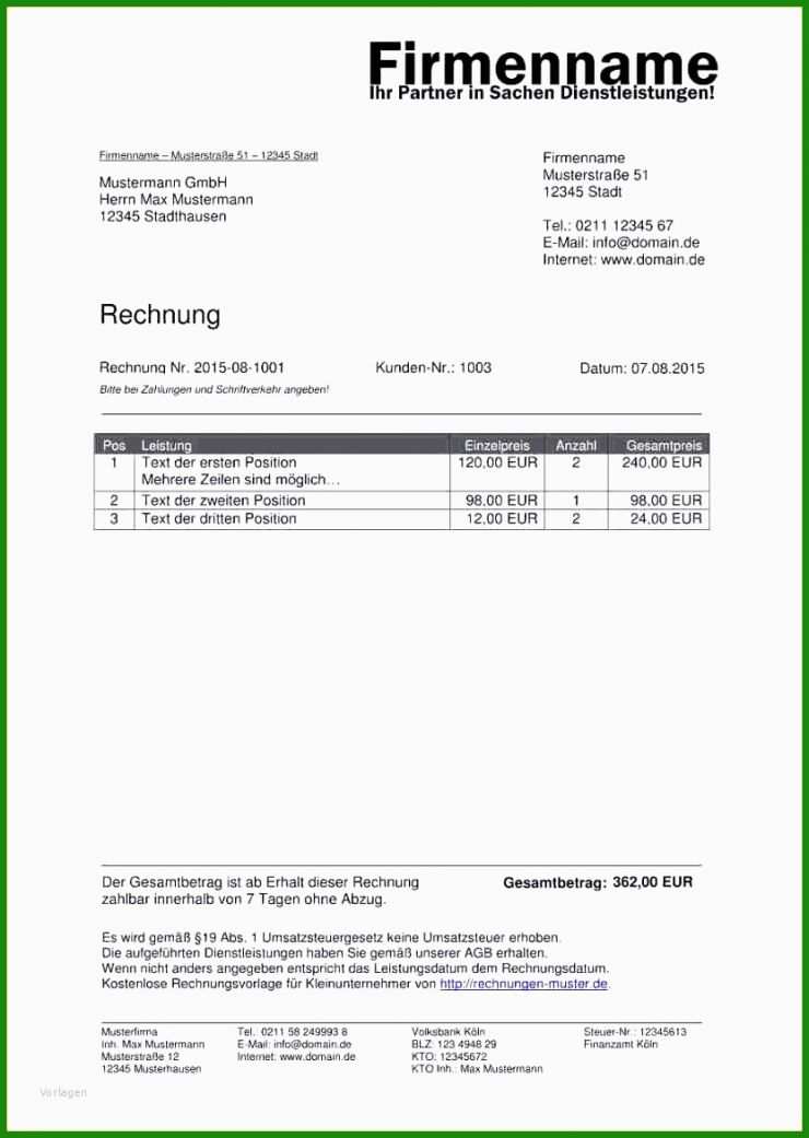 Rechnung Ohne Umsatzsteuer Vorlage Kostenlos