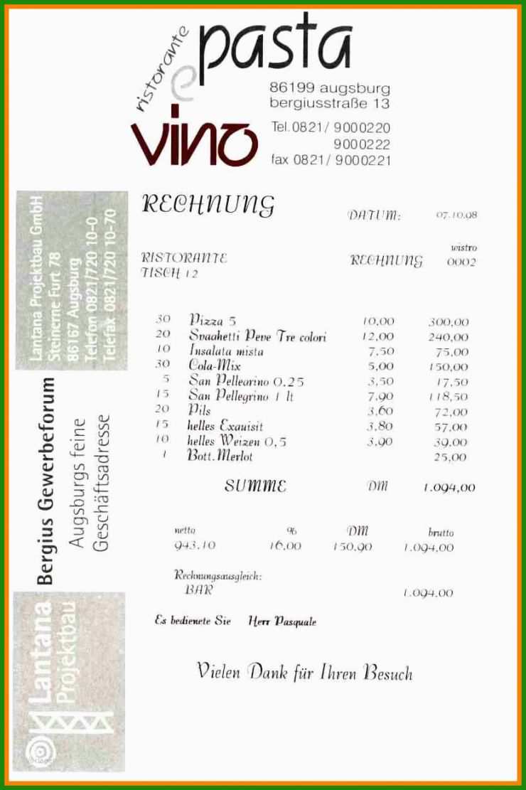 Rechnung Schreiben Vorlage Restaurant