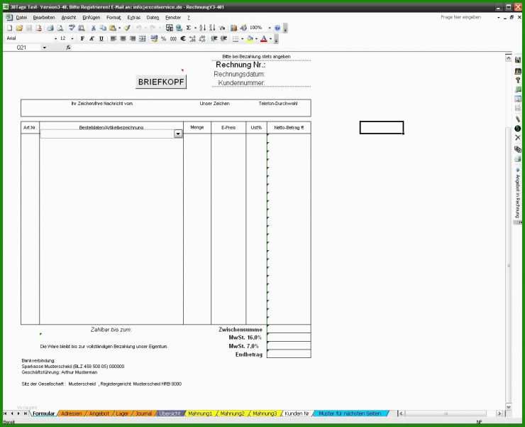 Rechnung Vorlage Exel 7 Rechnung Vorlage Exel