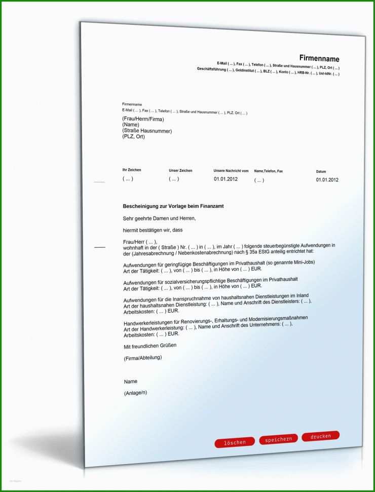 Rechnung Zur Vorlage Beim Finanzamt
