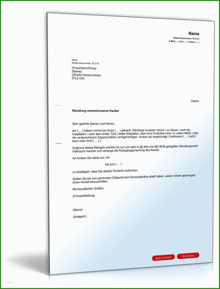 Rücktritt Vom Kaufvertrag Muster