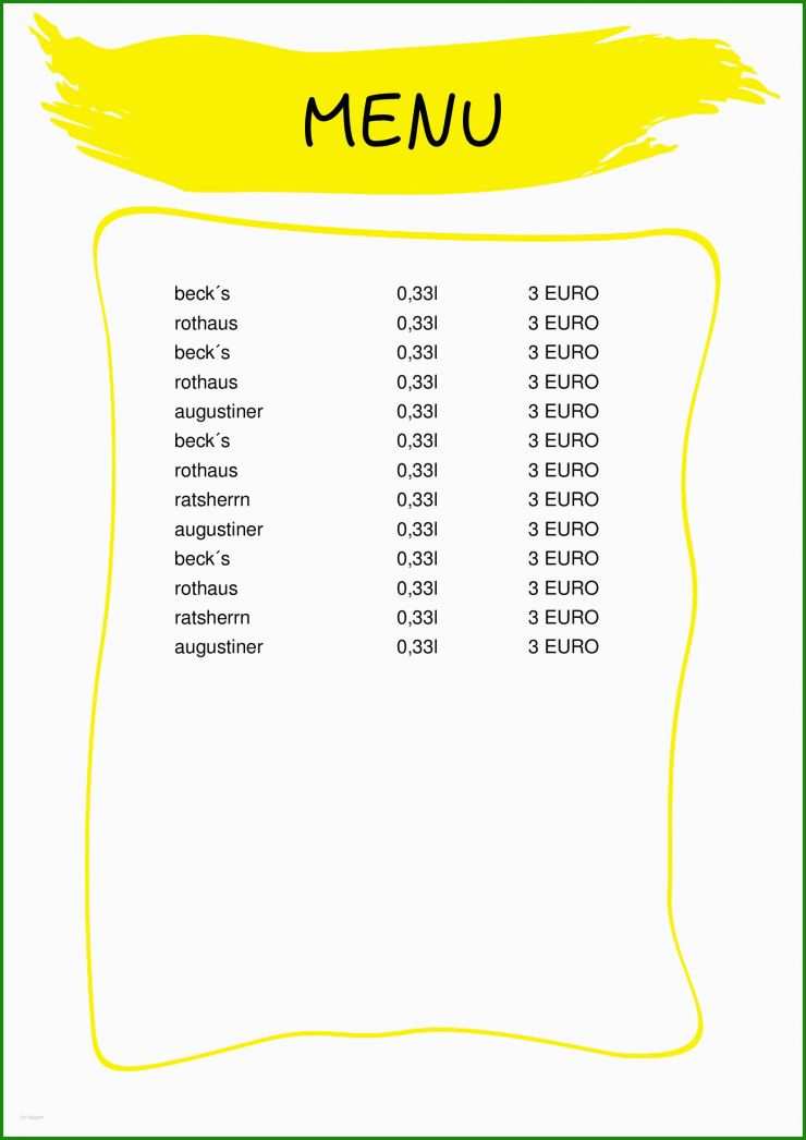 Speisekarte Vorlage Excel