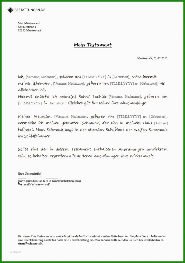 Testament Muster Alleinerbe Kind