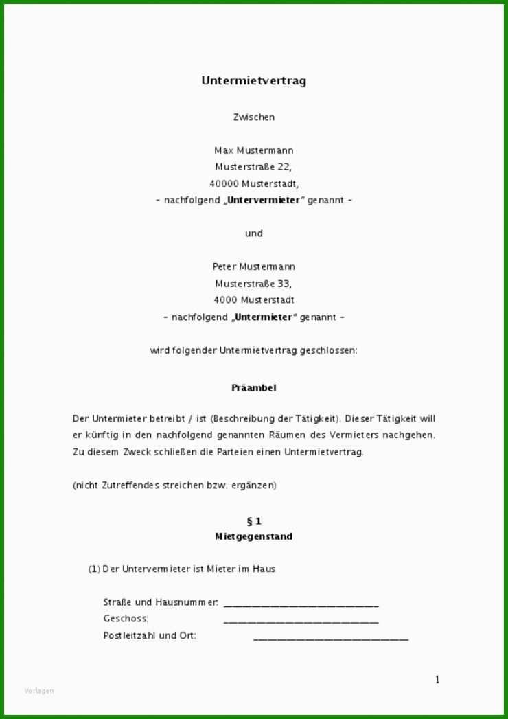 Untermietvertrag Garage Muster Kostenlos
