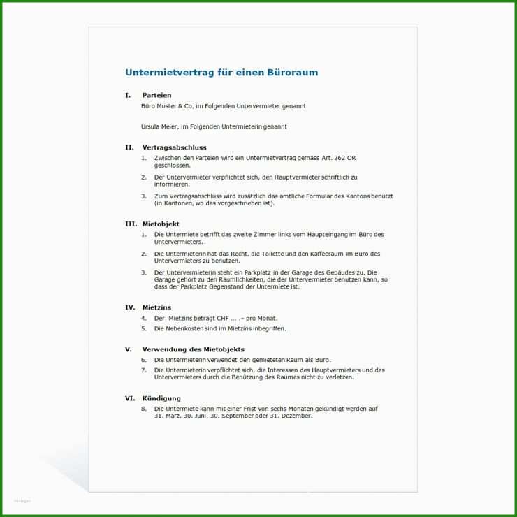 Untermietvertrag Kostenlose Vorlage