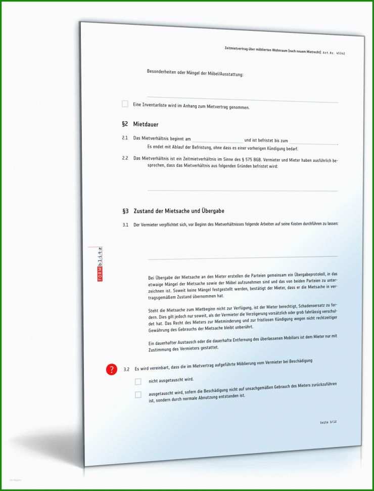 Untermietvertrag Unmöbliertes Zimmer Muster