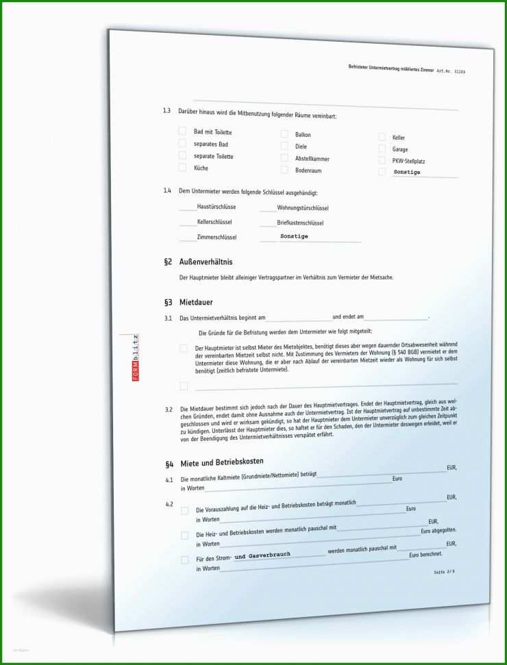 Untermietvertrag Vorlage 3 Seiten