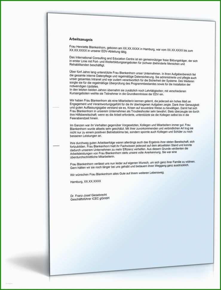 Vorlage Arbeitszeugnis Note 2