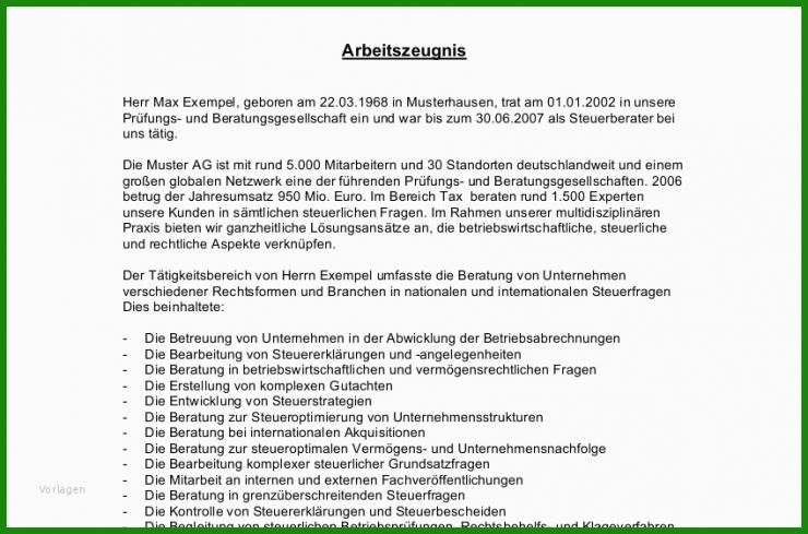 Vorlage Arbeitszeugnis Sehr Gut