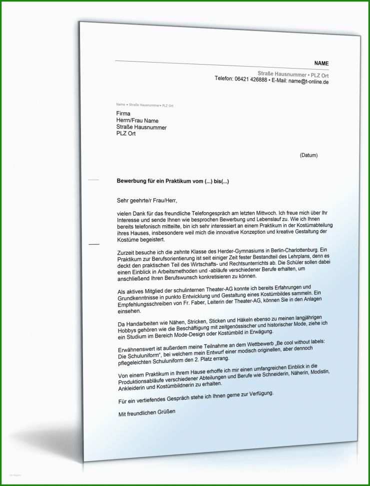 Vorlage Bewerbung Praktikum