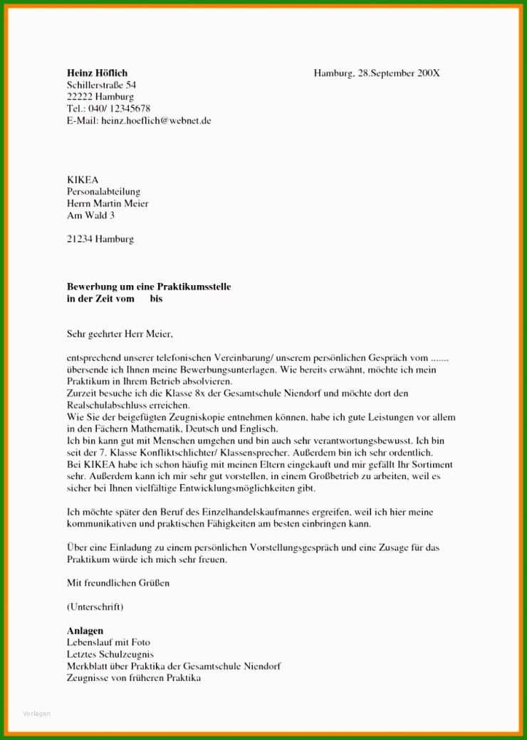 Vorlage Bewerbung Praktikum Kindergarten