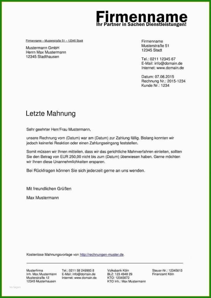 Vorlage Mahnung Rechnung