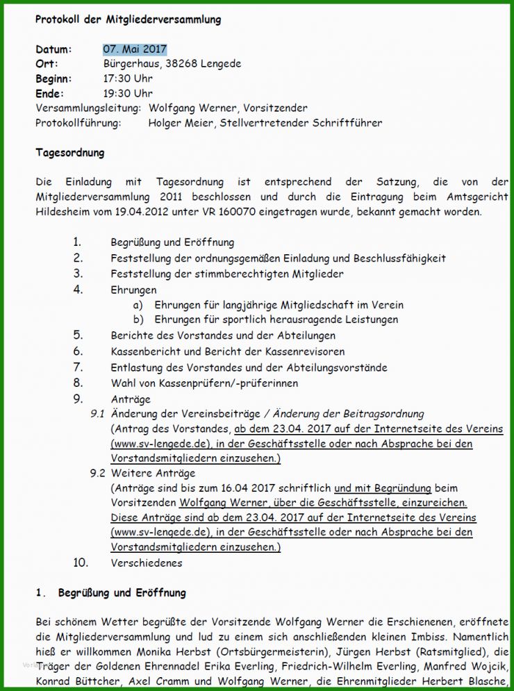 Vorlage Protokoll Mitgliederversammlung
