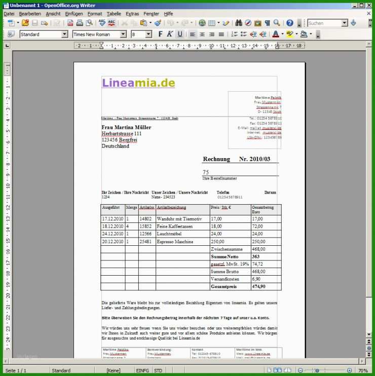 Vorlage Rechnung Kleinunternehmer Openoffice