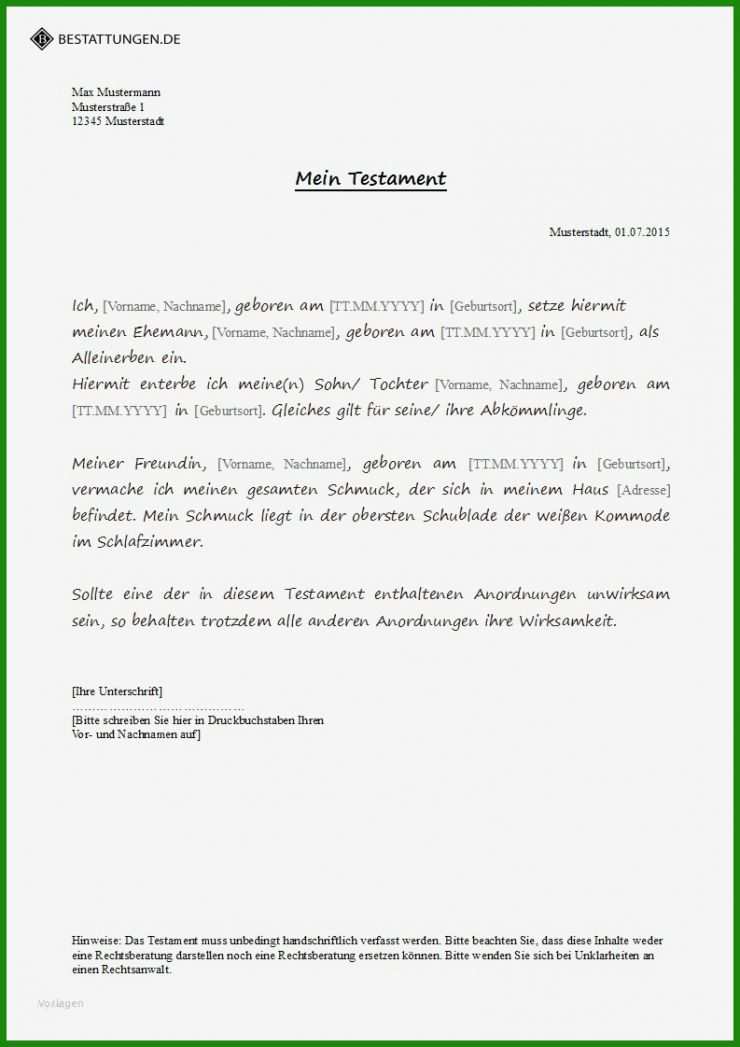 Vorlage Testament Schweiz