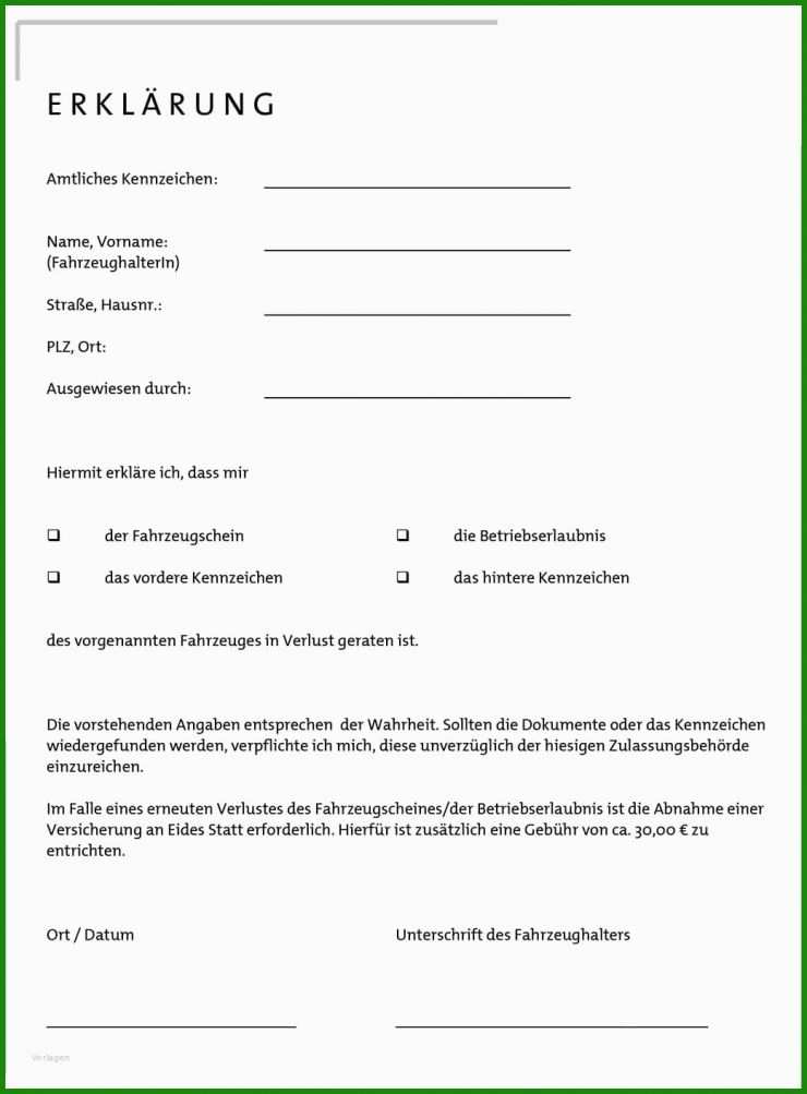 Vorlage Verlusterklärung Kfz Brief