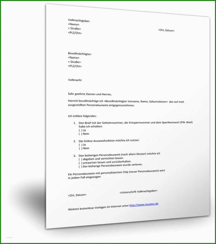Vorlage Vollmacht Abholung Kindergarten