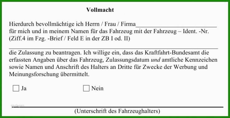 Vorlage Vollmacht Kfz Zulassung Kostenlos