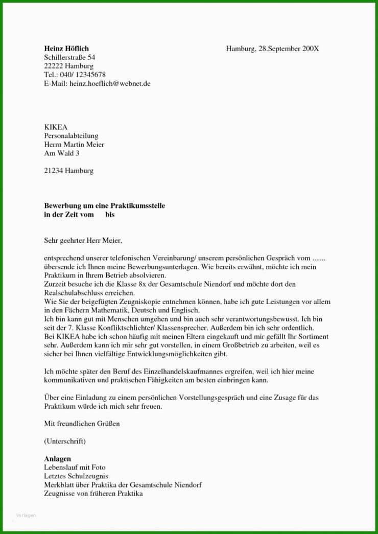 Vorlagen Bewerbung Praktikum Schüler
