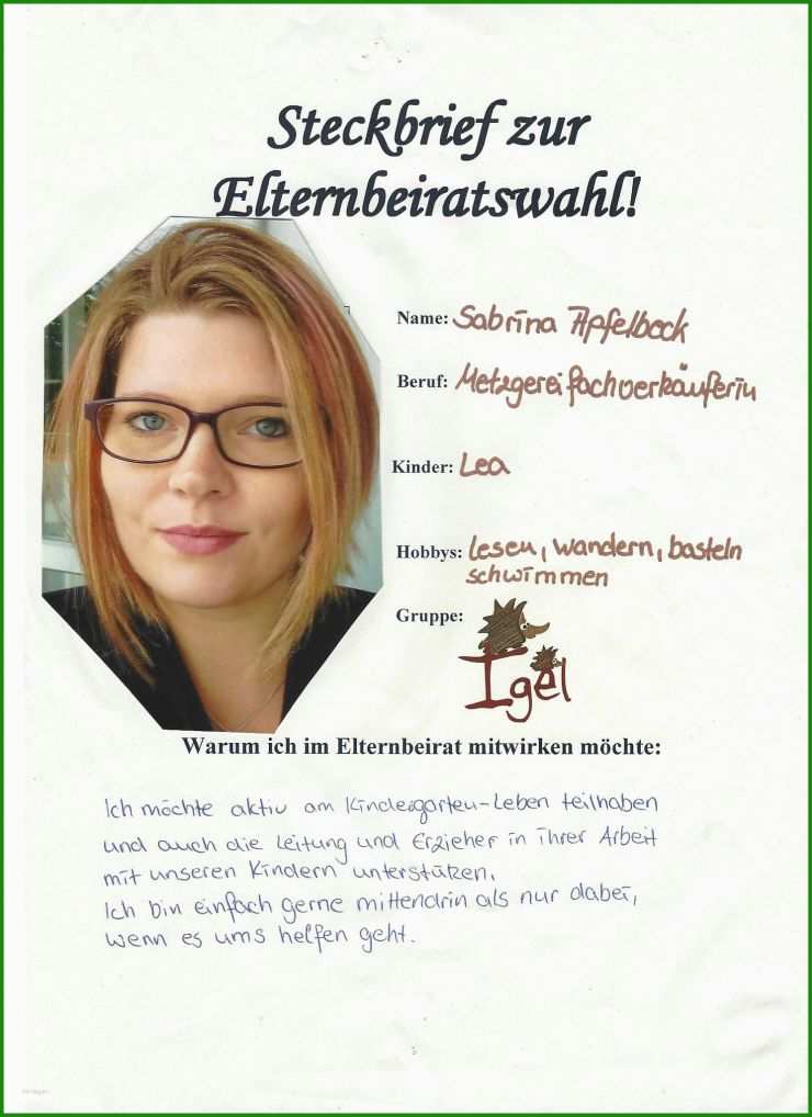 Vorstellung Elternbeirat Steckbrief Vorlage