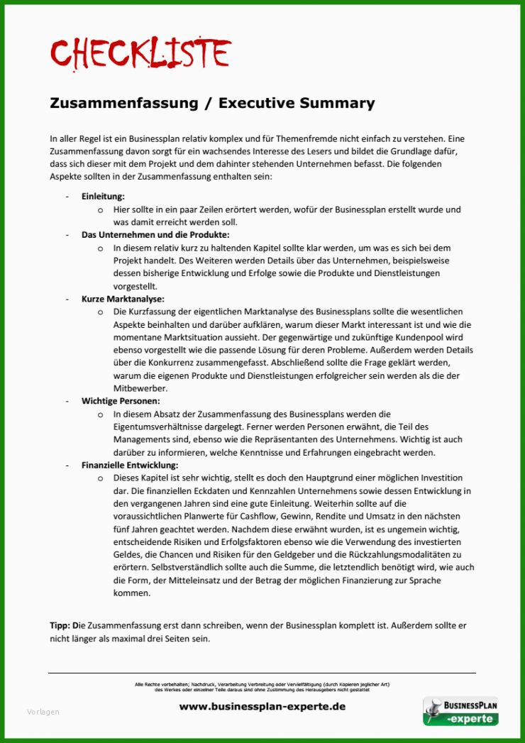 Zusammenfassung Businessplan Vorlage