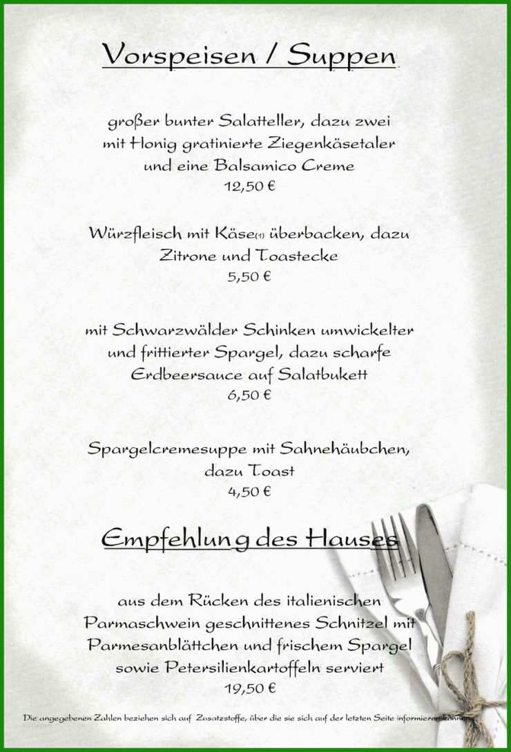 Zusatzstoffe Speisekarte Vorlage
